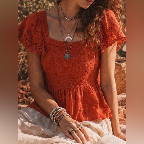 Madewell Tops - Madewell Eyelet Sleeve Lucie Smocked Peplum Top, Orange, Size XXS, Style #NE241